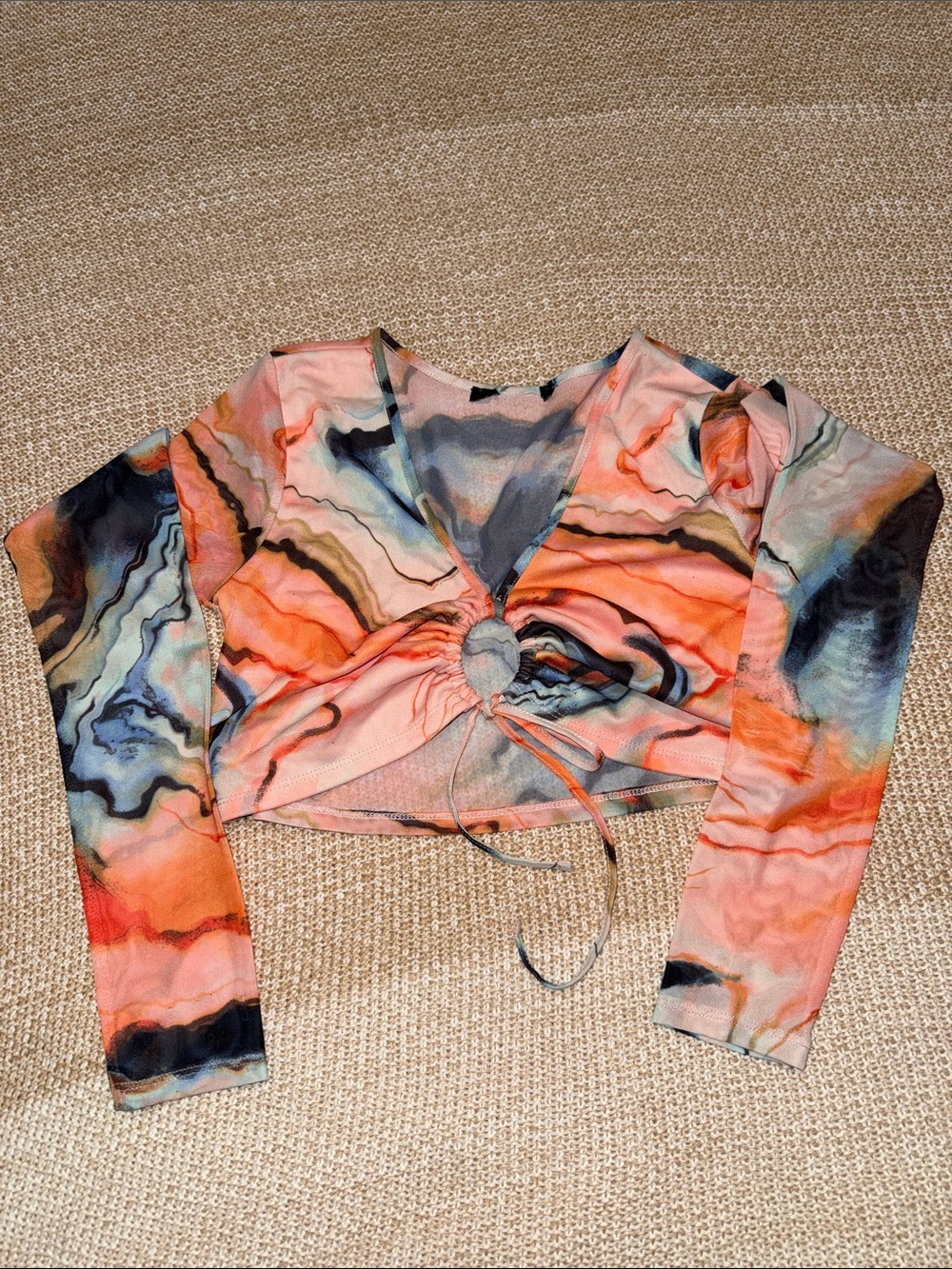 Ruched Tie-Front Long Sleeve Crop Top in Multi-Color Swirl